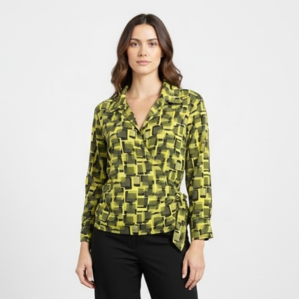 4/$40 K.A.T.E Geometric Patterned Green and Black Wrap‎ Blouse